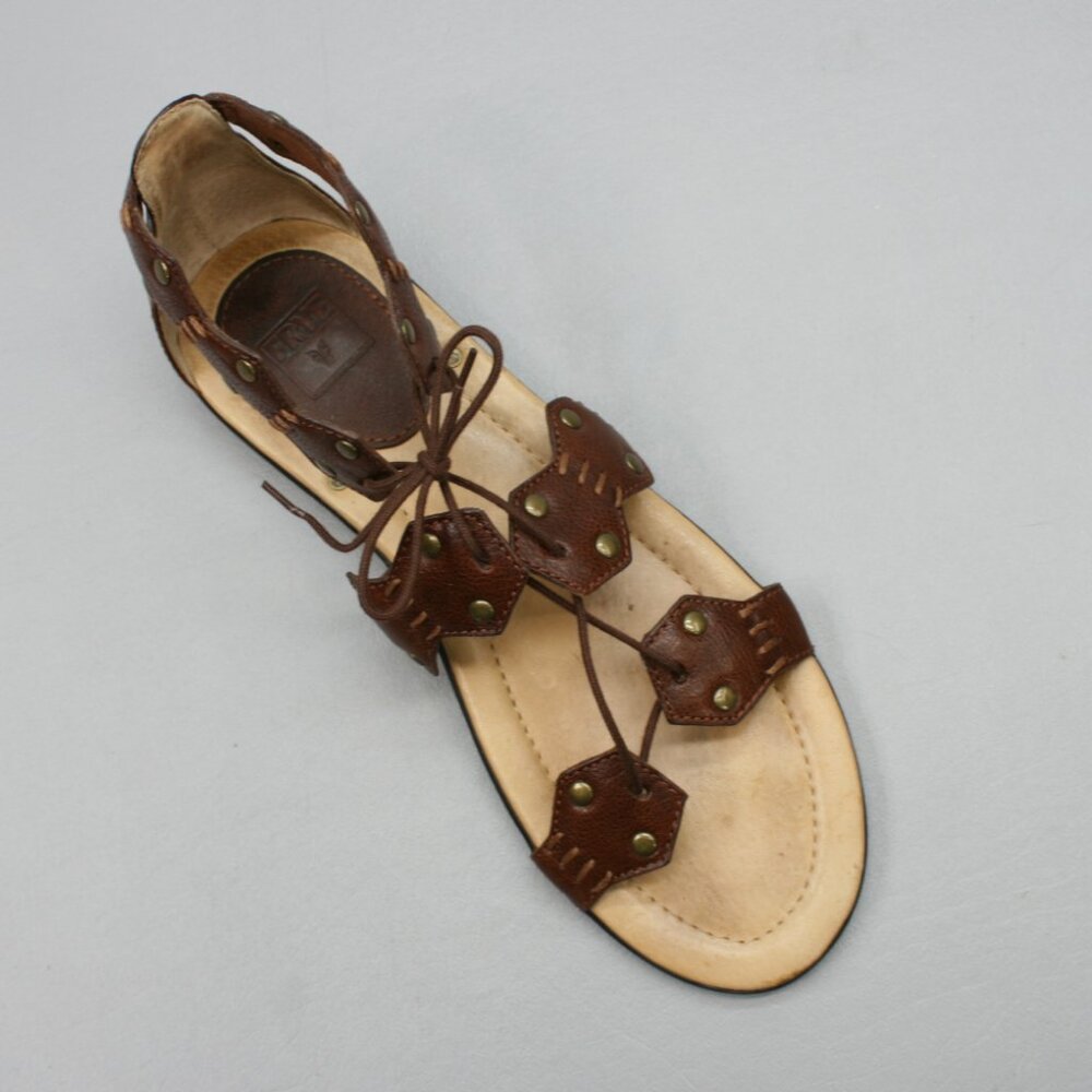 Frye Ladies 9 Laney Lace Brown Leather Open-toe Flat Slingback Gladiator Sandals - Picture 7 of 12